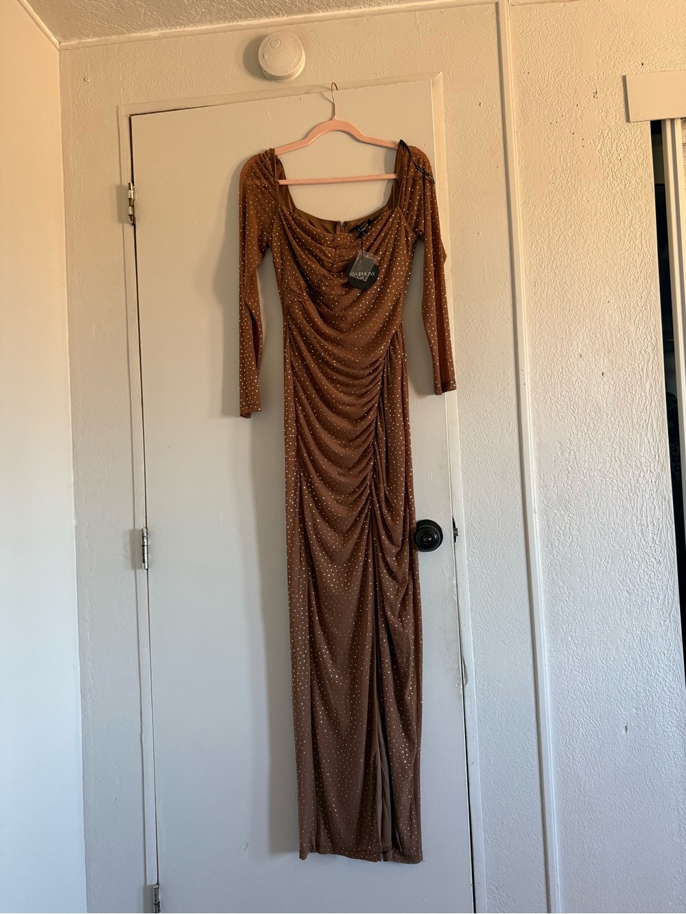 Symphony Long Sleeve Ruched Maxi Dress in Brown with Sparkle